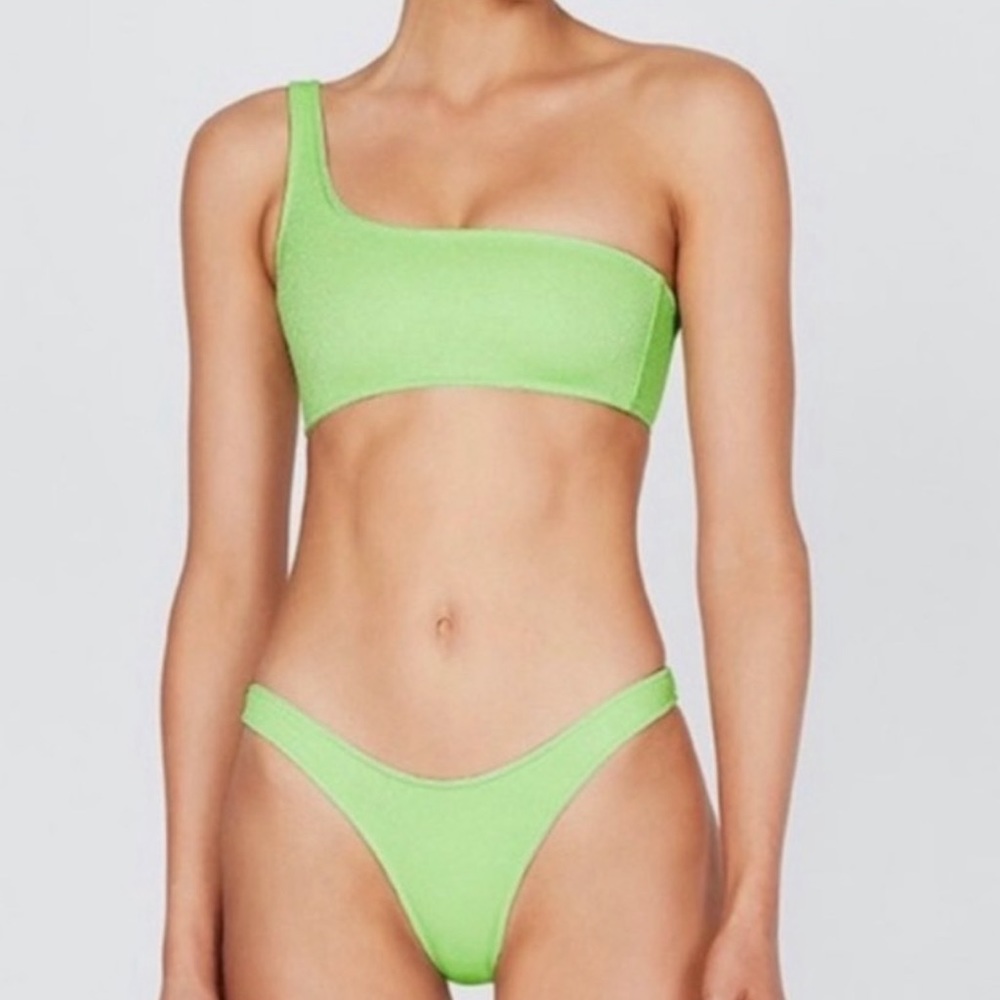 Triangl one shoulder shimmer green bikini